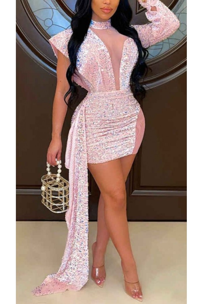 Short Pink Tight Sequins Prom Dresses 801543