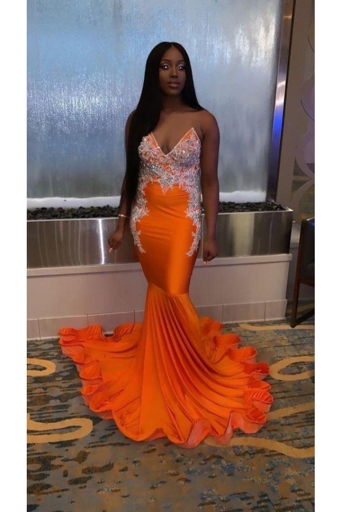 Mermaid Beaded V Neck Orange Long Prom Dresses 801546