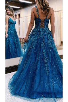 A-Line Long Blue Tulle and Lace Prom Dresses 801548