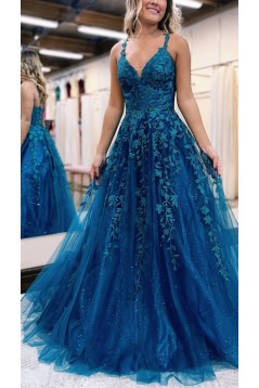 A-Line Long Blue Tulle and Lace Prom Dresses 801548