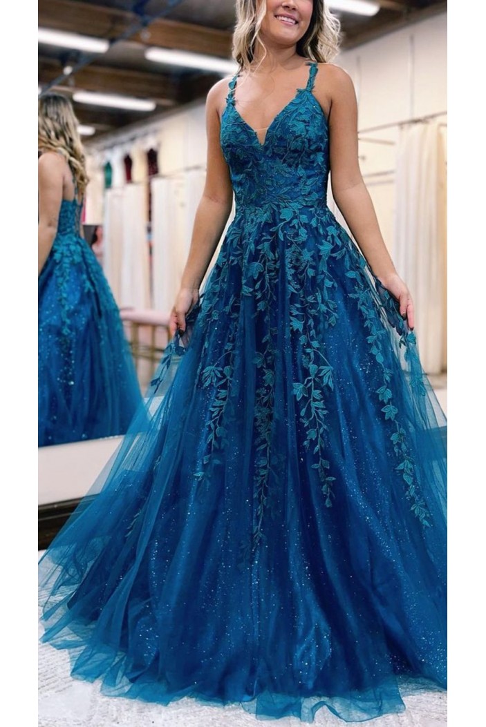 A-Line Long Blue Tulle and Lace Prom Dresses 801548