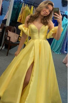 A-Line Long Yellow Satin Prom Dresses 801551