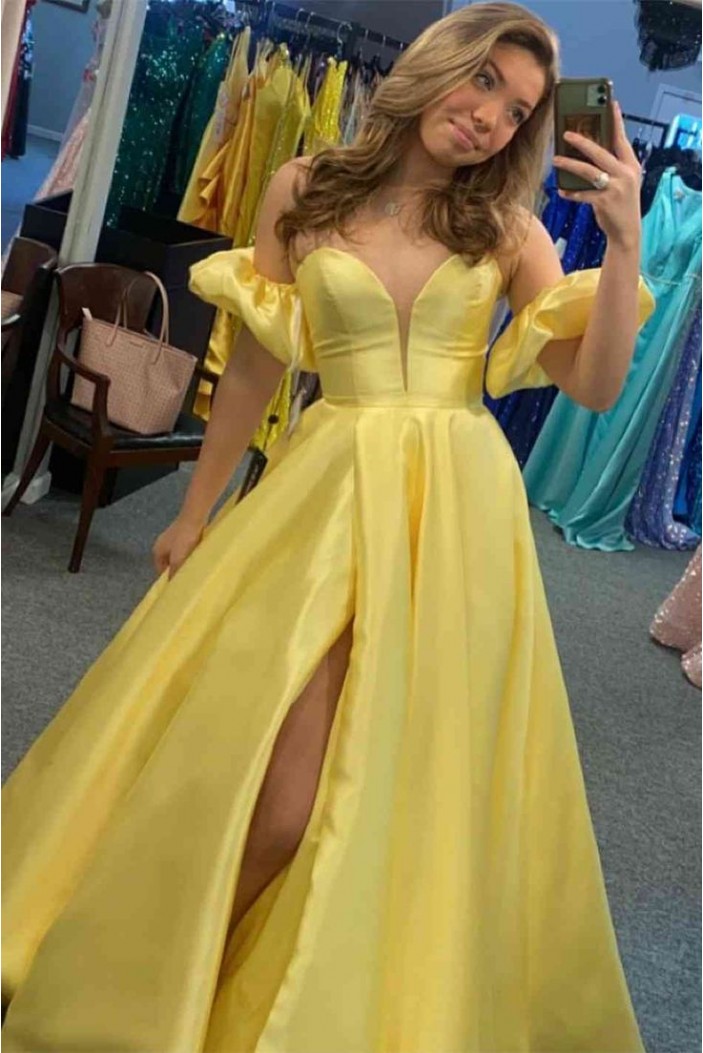 A-Line Long Yellow Satin Prom Dresses 801551