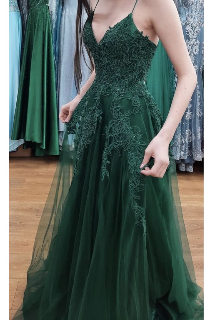 A-Line Long Green Lace and Tulle Spaghetti Straps Prom Dresses 801552