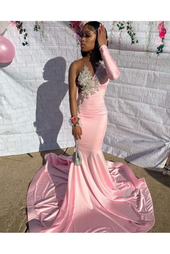 Long Pink Mermaid One Sleeve Prom Dresses 801555