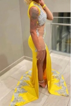 Long Yellow Lace One Sleeve Prom Dresses 801560
