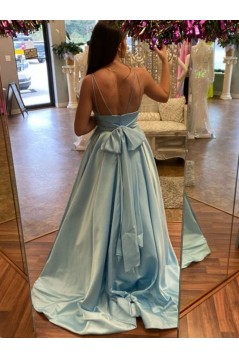 A-Line Long Blue Satin Prom Dresses 801565