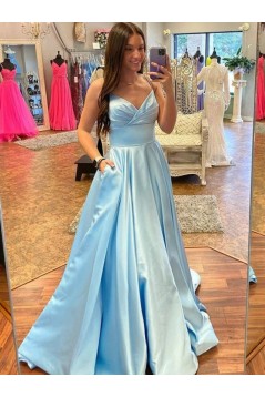 A-Line Long Blue Satin Prom Dresses 801565