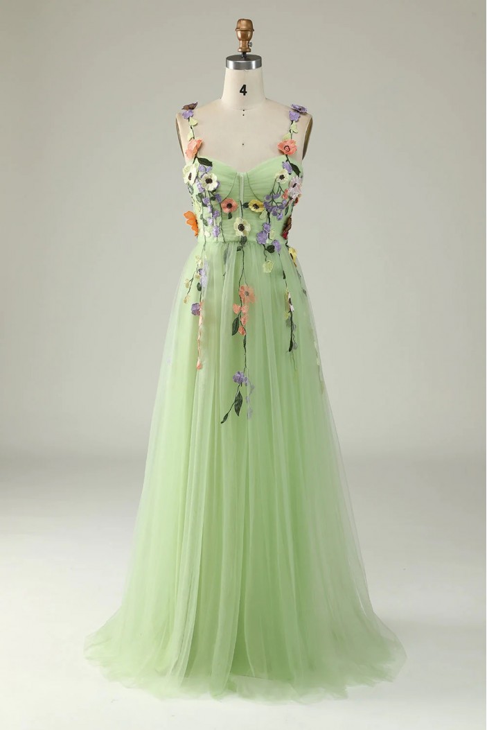 A-Line Long Green Tulle Prom Dresses 801568