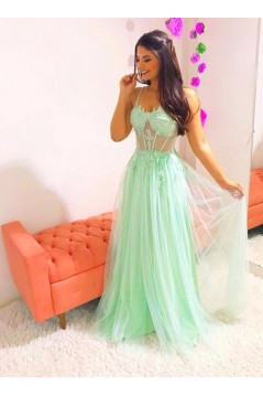 A-Line Long Blue Lace and Tulle Prom Dresses 801569