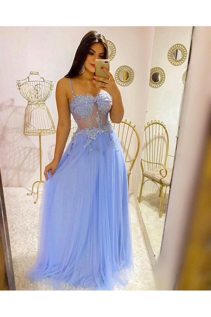 A-Line Long Blue Lace and Tulle Prom Dresses 801569