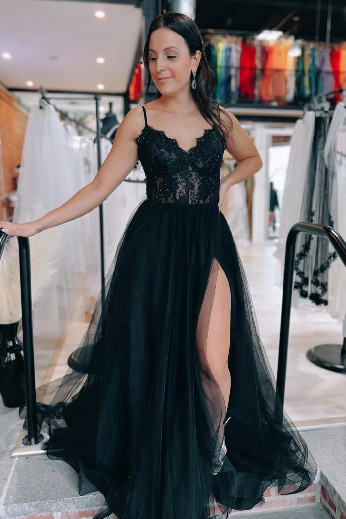 Long Black Lace and Tulle Prom Dresses 801570