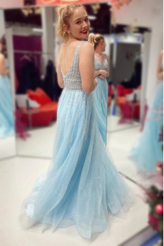 A-Line Beaded Long Blue V Neck Prom Dresses 801572