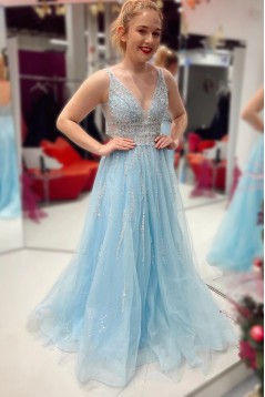 A-Line Beaded Long Blue V Neck Prom Dresses 801572