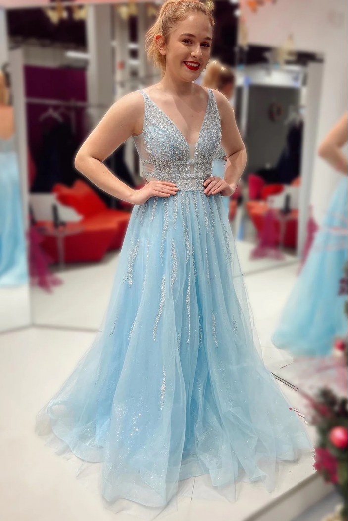 A-Line Beaded Long Blue V Neck Prom Dresses 801572