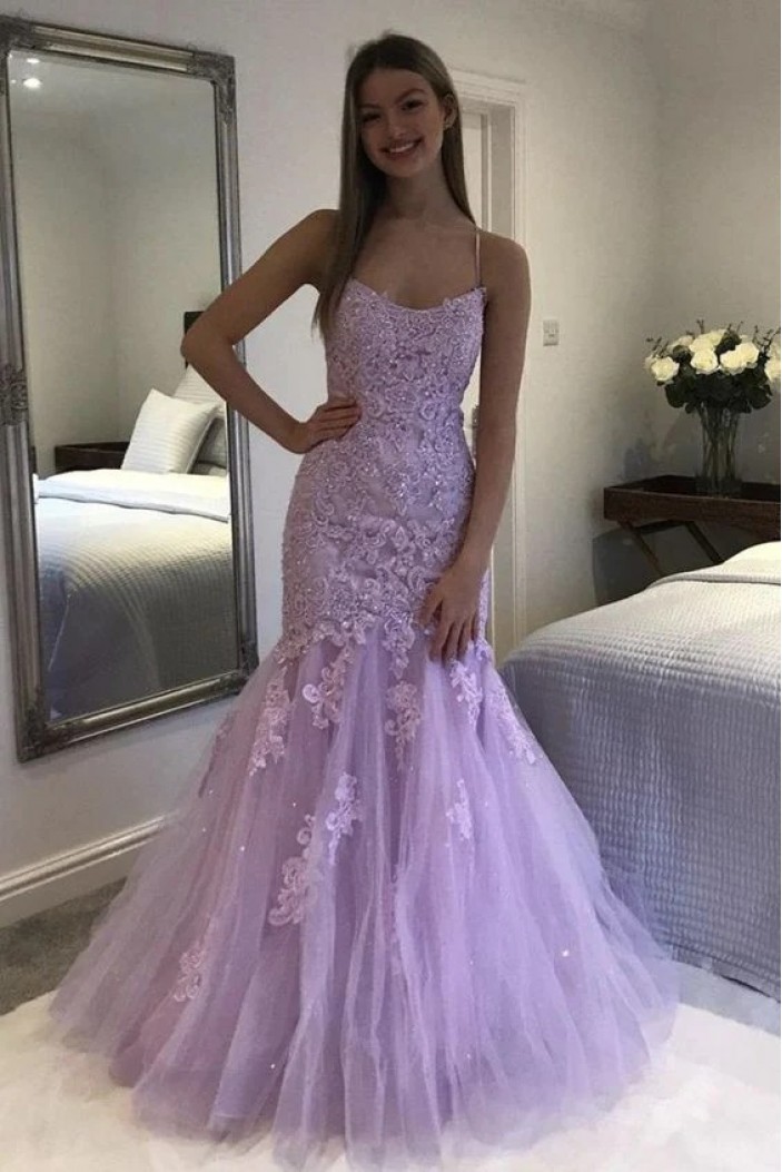 Mermaid Beaded Lace and Tulle Lilac Long Prom Dresses 801573