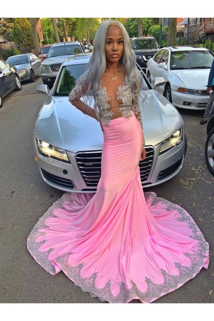 Long Pink Mermaid Lace Prom Dresses 801575