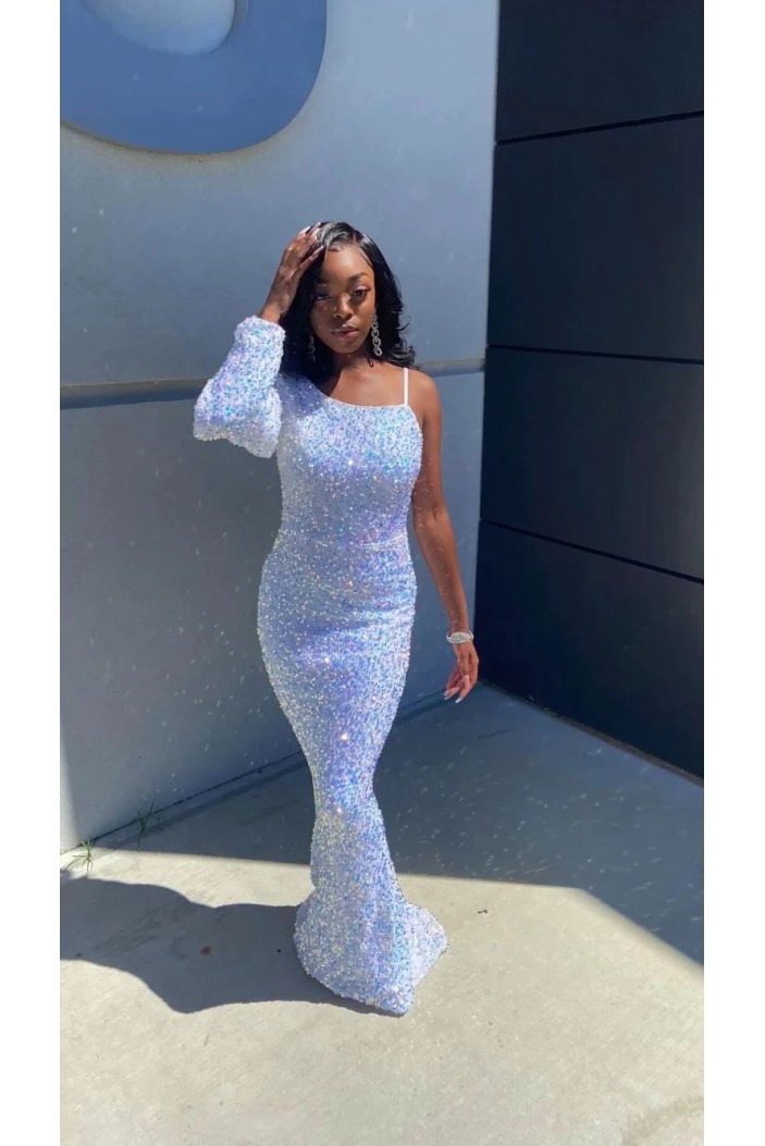 Mermaid Light Blue Sequins One Sleeve Long Prom Dresses 801576