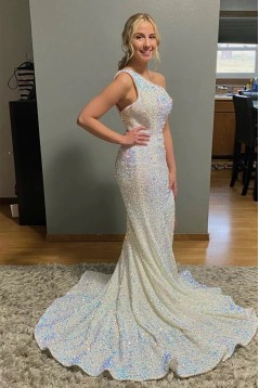 Mermaid One Shoulder Sequins Long Prom Dresses 801579