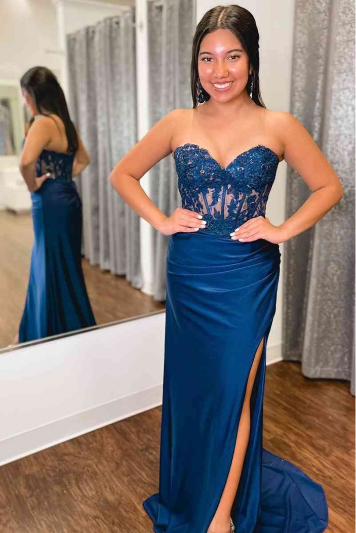 Long Blue Sweetheart Sheath Prom Dresses 801580