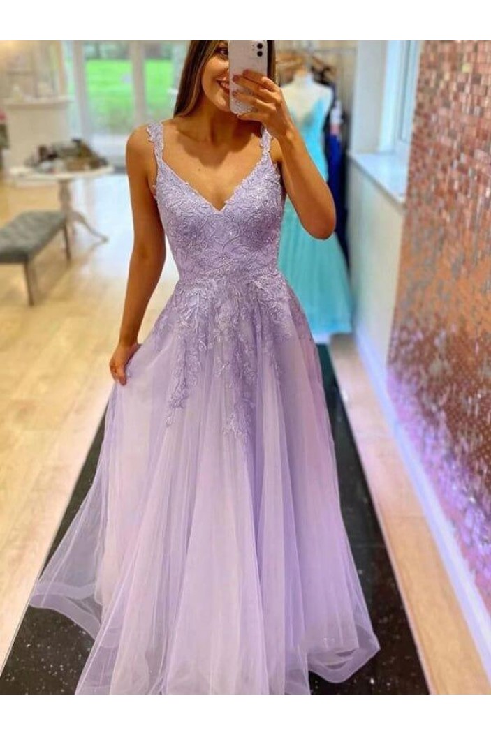 A-Line Lace and Tulle V Neck Long Prom Dresses 801581