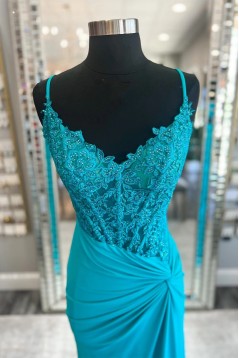 Long Blue Sheath Chiffon and Lace Prom Dresses 801583