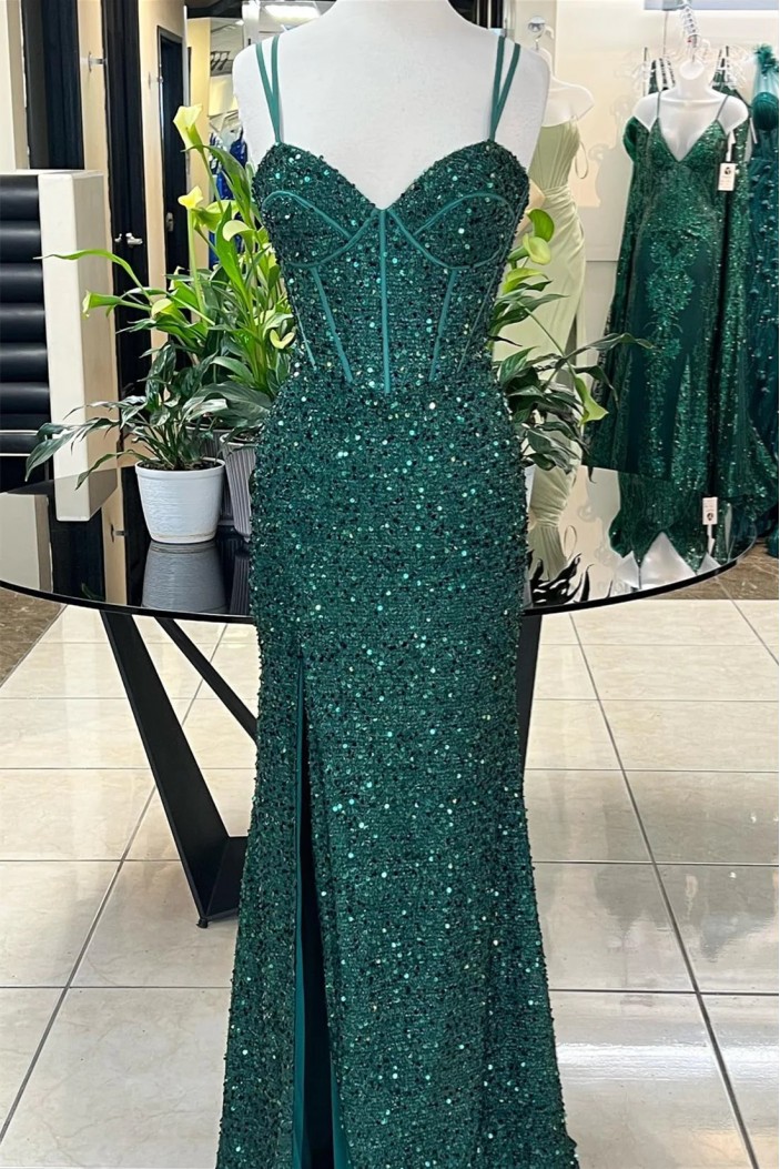 Long Green Sparkle Sequins Spaghetti Straps Prom Dresses 801585