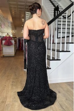 Long Black Strapless Sequins Prom Dresses 801587