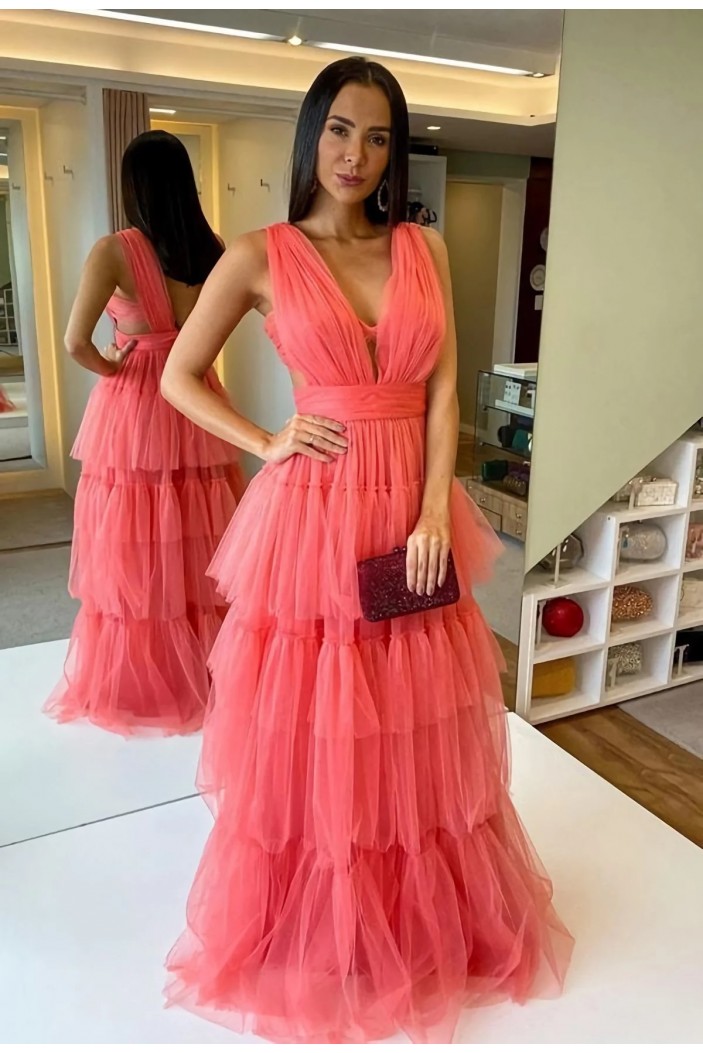 A-Line V Neck Tulle Long Prom Dresses 801590