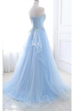 A-Line Long Blue Lace and Tulle Prom Dresses 801592