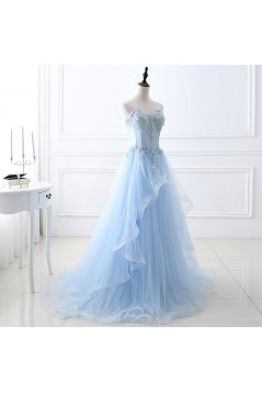 A-Line Long Blue Lace and Tulle Prom Dresses 801592