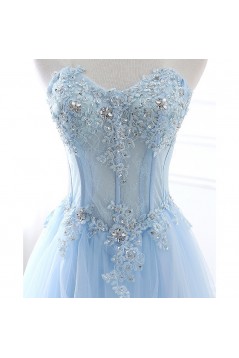 A-Line Long Blue Lace and Tulle Prom Dresses 801592