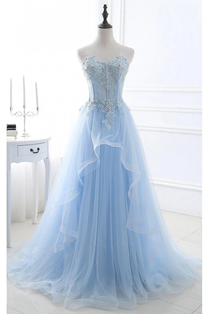 A-Line Long Blue Lace and Tulle Prom Dresses 801592