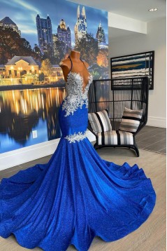 Elegant Halter Royal Blue Mermaid Lace Prom Dresses 801596