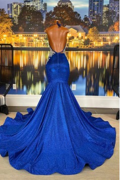 Elegant Halter Royal Blue Mermaid Lace Prom Dresses 801596