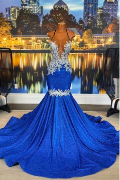 Elegant Halter Royal Blue Mermaid Lace Prom Dresses 801596