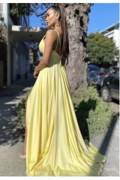 A-Line V Neck Long Yellow Prom Dresses Formal Evening Gowns with Slit 901003