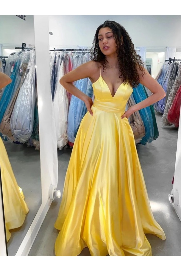 Long Yellow V Neck Satin Prom Dresses Formal Evening Gowns 901008