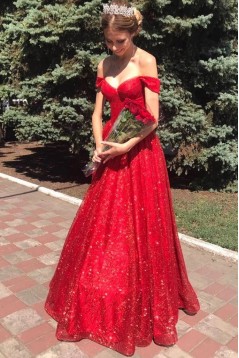 Long Red Sparkle Tulle Prom Dresses Formal Evening Gowns 901015