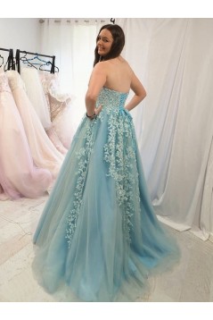 Long Strapless Tulle Prom Dresses Formal Evening Gowns with Lace Appliques 901022