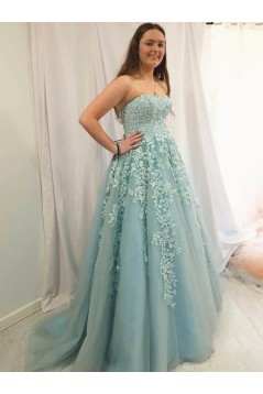 Long Strapless Tulle Prom Dresses Formal Evening Gowns with Lace Appliques 901022