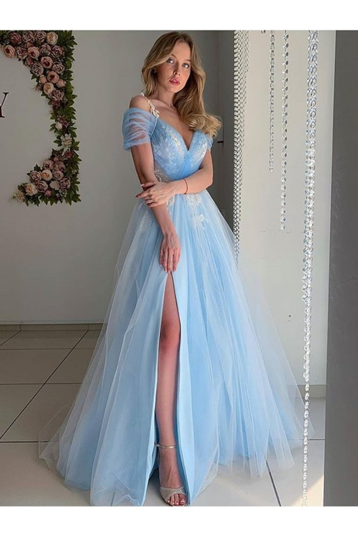 Long Blue Tulle Prom Dresses Formal Evening Gowns with Lace Appliques 901026