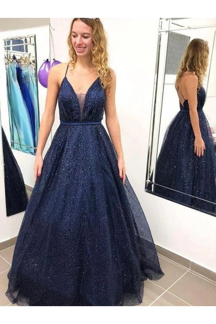 Sparkle Tulle Long Navy Blue Prom Dresses Formal Evening Gowns 901028