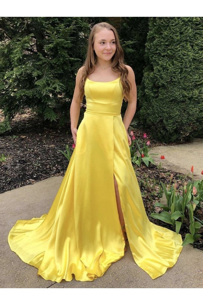 Long Yellow Prom Dresses Formal Evening Gowns with Slit 901037