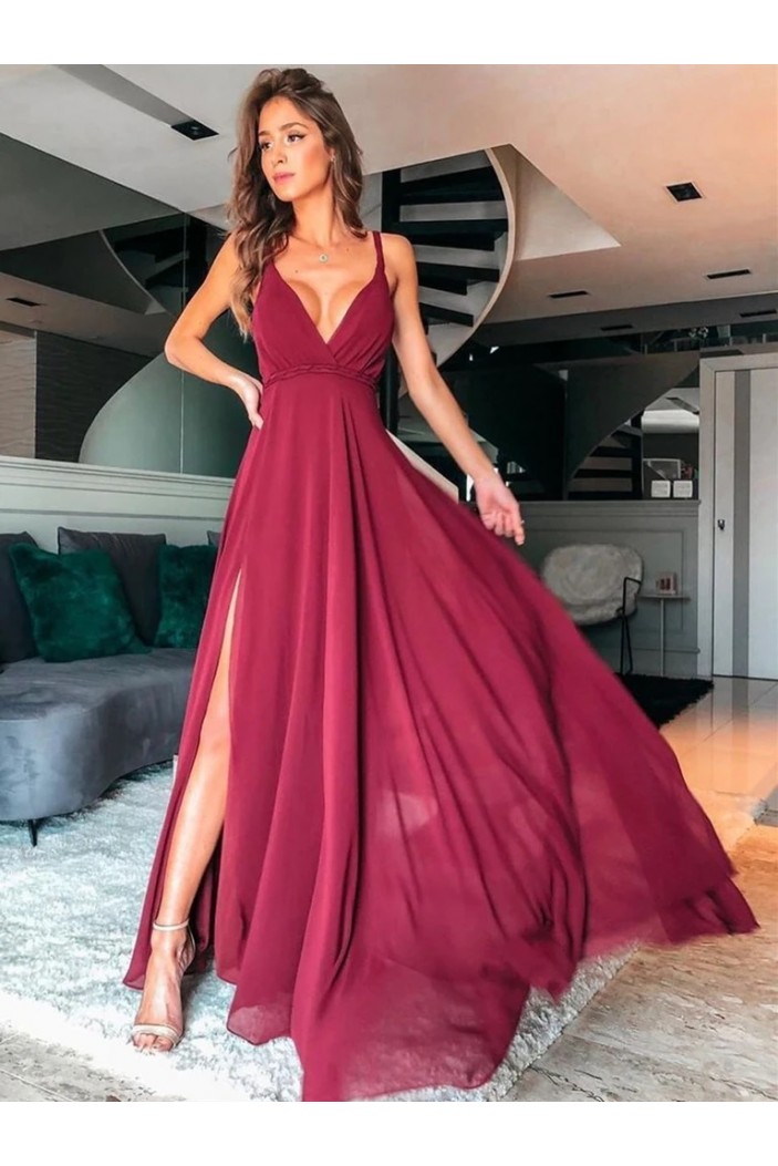 A-Line V Neck Chiffon Long Prom Dresses Formal Evening Gowns 901040