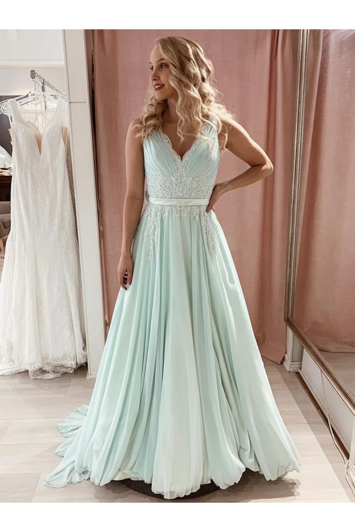 A-Line Chiffon and Lace Long Prom Dresses Formal Evening Gowns 901041