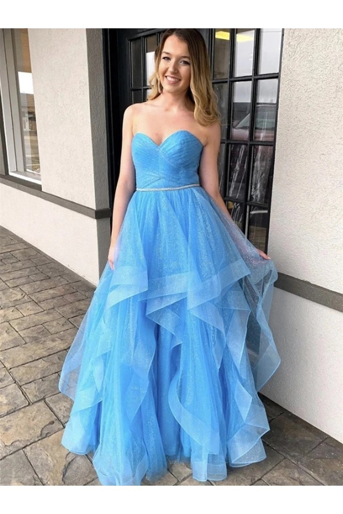 Long Blue Sparkly Tulle Prom Dresses Formal Evening Gowns 901045