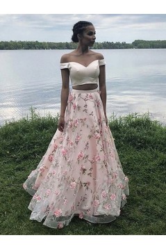 Long Pink Two Pieces Embroidered Prom Dresses Formal Evening Gowns 901051
