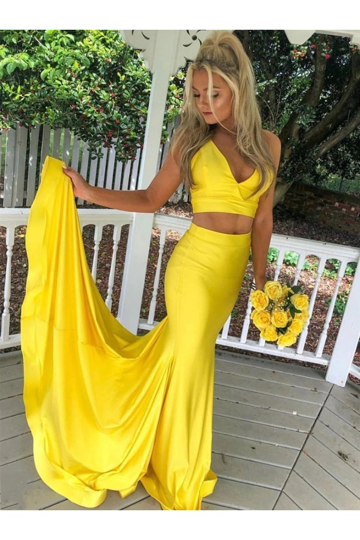 Mermaid Two Pieces Long Yellow Prom Dresses Formal Evening Gowns 901058