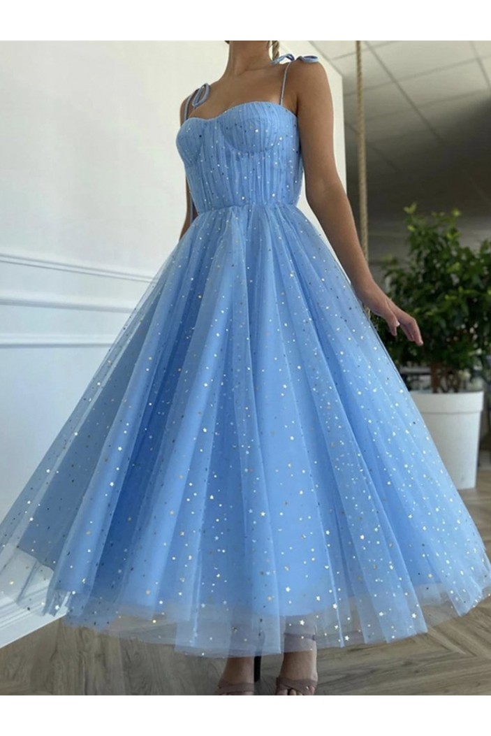 A-Line Blue Sparkle Tulle Prom Dresses Formal Evening Gowns 901059